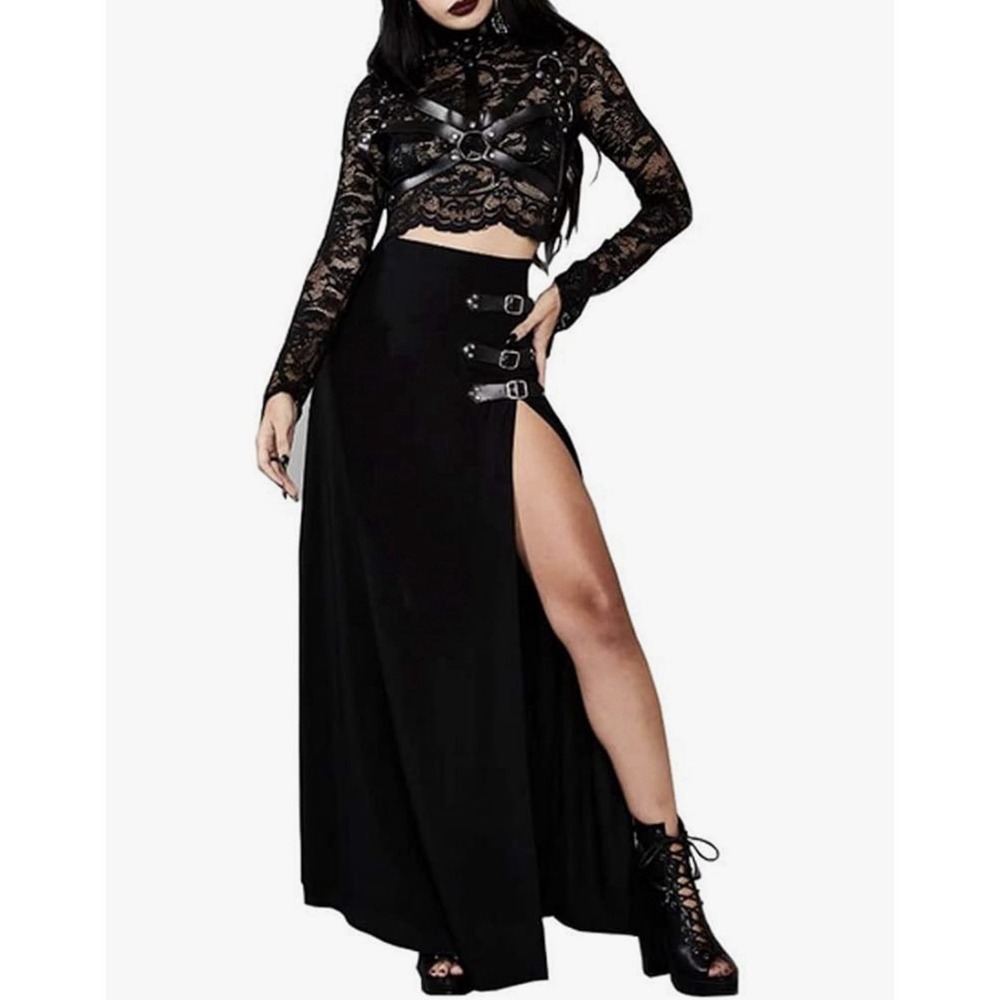 Dolls Kill Widow Twilight Doom Maxi Skirt Large NWT Goth Punk Buckle Slit Grunge